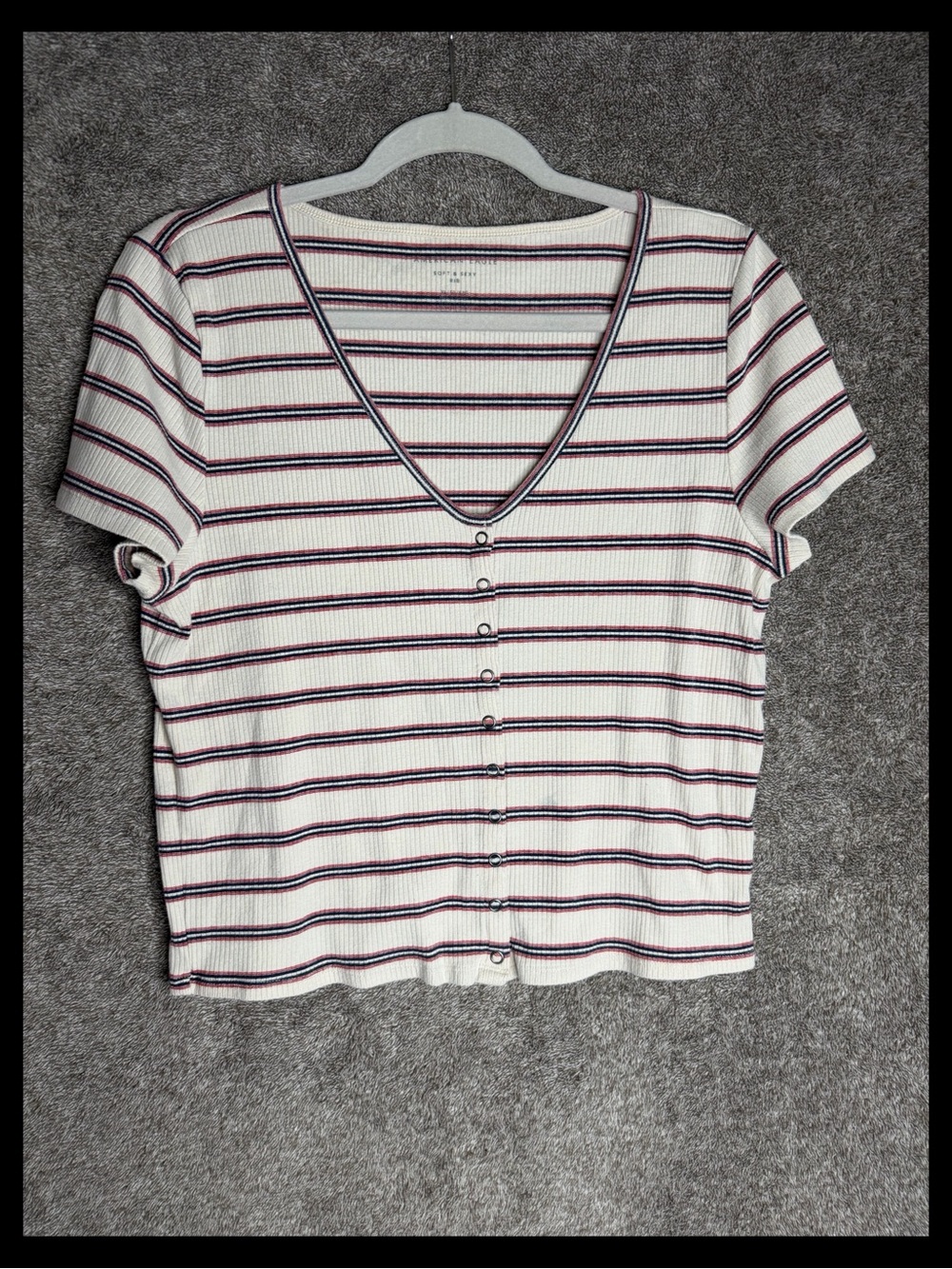 Striped V-Neck Short Sleeve Button-Front Top in White with Navy & Burgundy